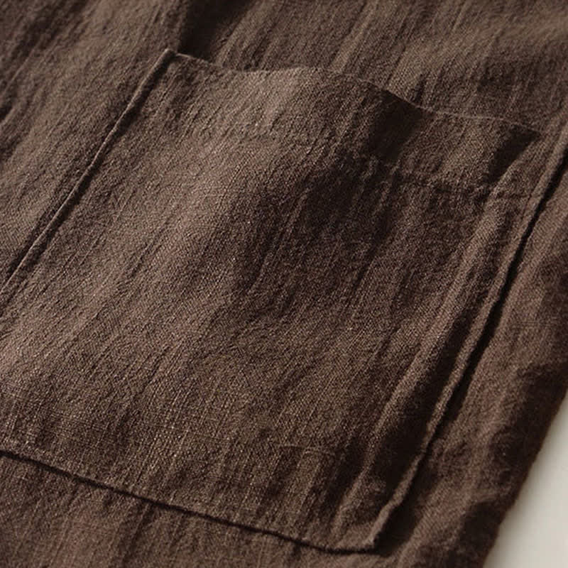 Buddha Stones Camisas de manga larga para hombre de lino liso con cuello mandarín, estilo casual de otoño, con bolsillos. - image 5