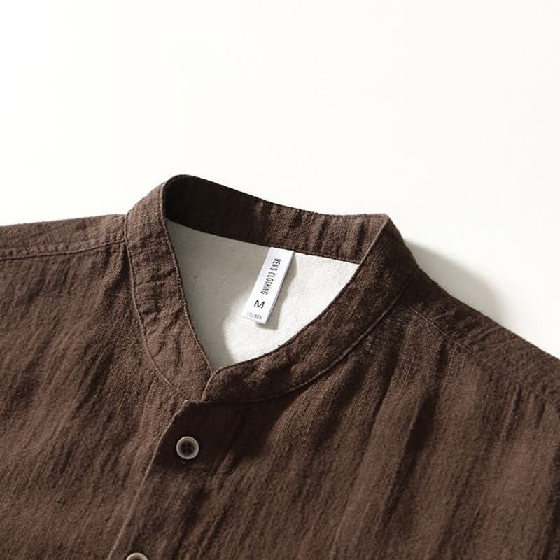 Buddha Stones Camisas de manga larga para hombre de lino liso con cuello mandarín, estilo casual de otoño, con bolsillos. - image 3