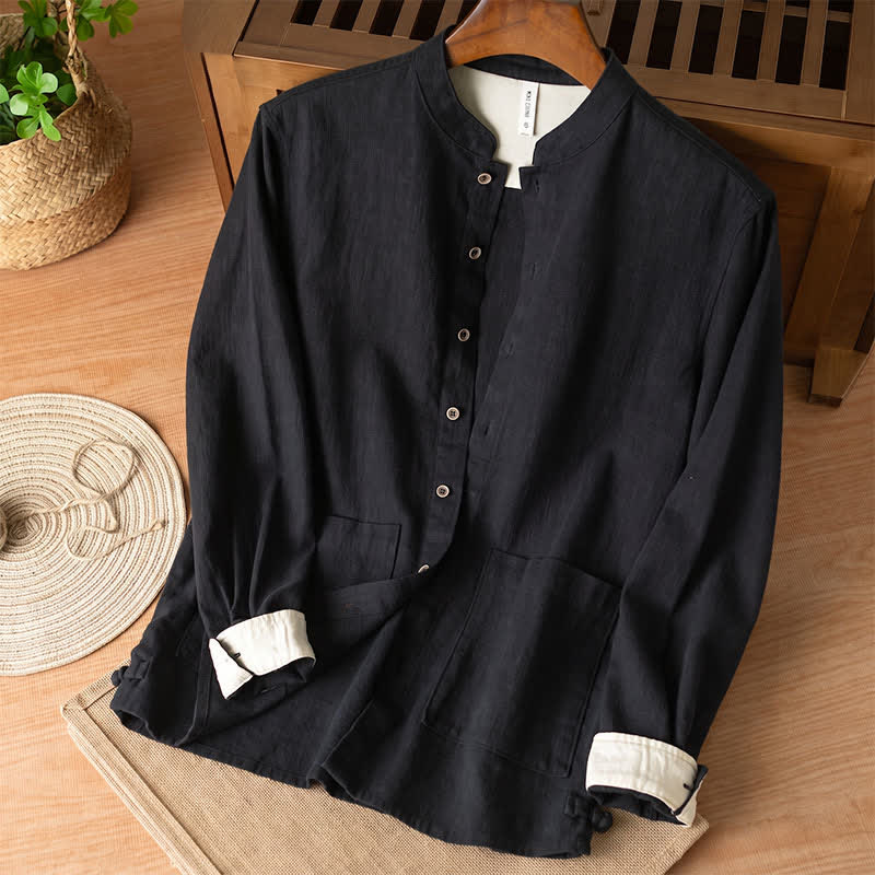 Buddha Stones Camisas de manga larga para hombre de lino liso con cuello mandarín, estilo casual de otoño, con bolsillos. - Negro - US/UK/AU44, EU54 (4XL) - image 7