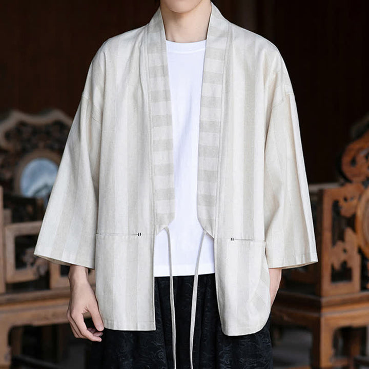Buddha Stones Kimono de hombre de estilo Tang informal con cordón ajustable, de algodón y lino, manga tres cuartos, con bolsillo, ideal para primavera y verano. - Beige - US/UK/AU46, EU56 (5XL) - image 0