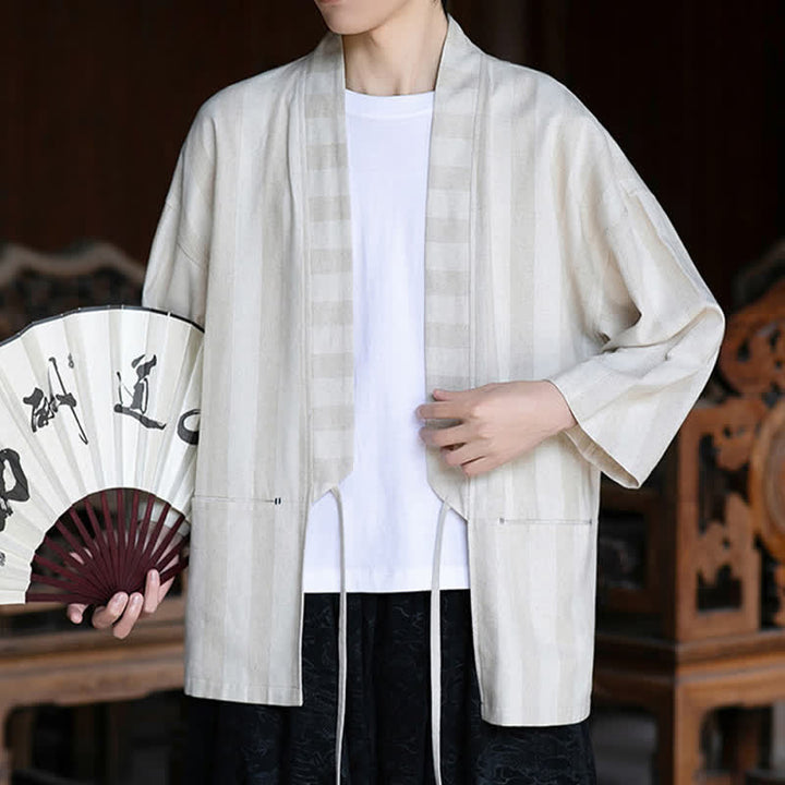 Buddha Stones Kimono de hombre de estilo Tang informal con cordón ajustable, de algodón y lino, manga tres cuartos, con bolsillo, ideal para primavera y verano. - image 2
