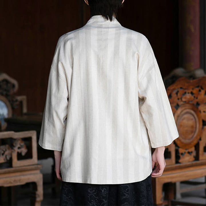 Buddha Stones Kimono de hombre de estilo Tang informal con cordón ajustable, de algodón y lino, manga tres cuartos, con bolsillo, ideal para primavera y verano. - image 4
