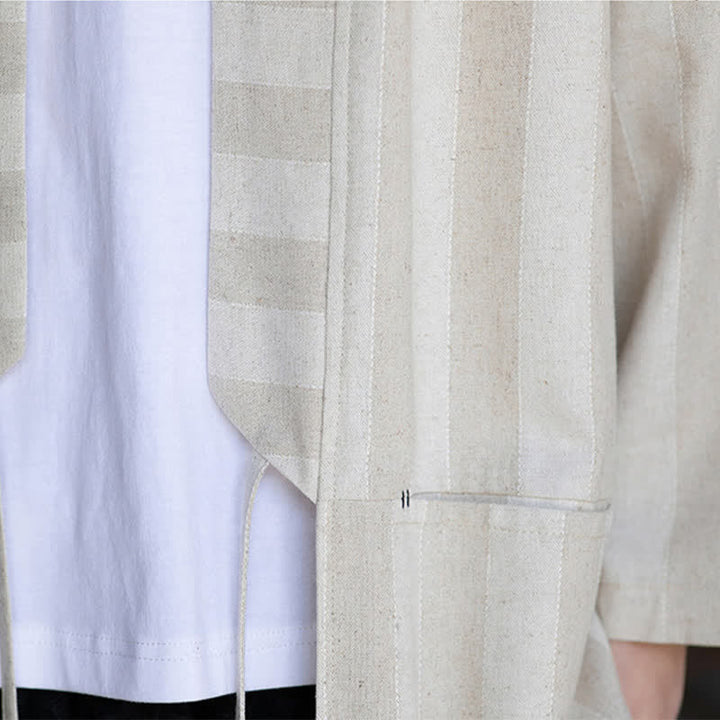 Buddha Stones Kimono de hombre de estilo Tang informal con cordón ajustable, de algodón y lino, manga tres cuartos, con bolsillo, ideal para primavera y verano. - image 8