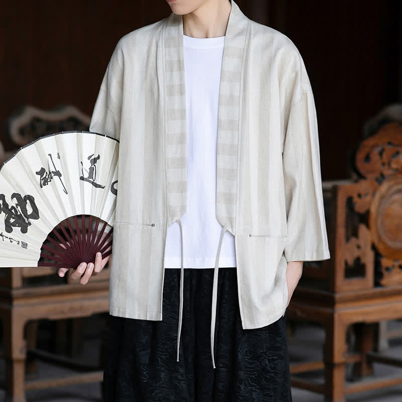 Buddha Stones Kimono de hombre de estilo Tang informal con cordón ajustable, de algodón y lino, manga tres cuartos, con bolsillo, ideal para primavera y verano. - image 5