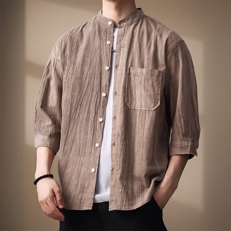 Buddha Stones Camisas de manga larga para hombre de algodón liso con cuello mandarín, estilo casual de primavera/verano, con bolsillo de parche. - image 5