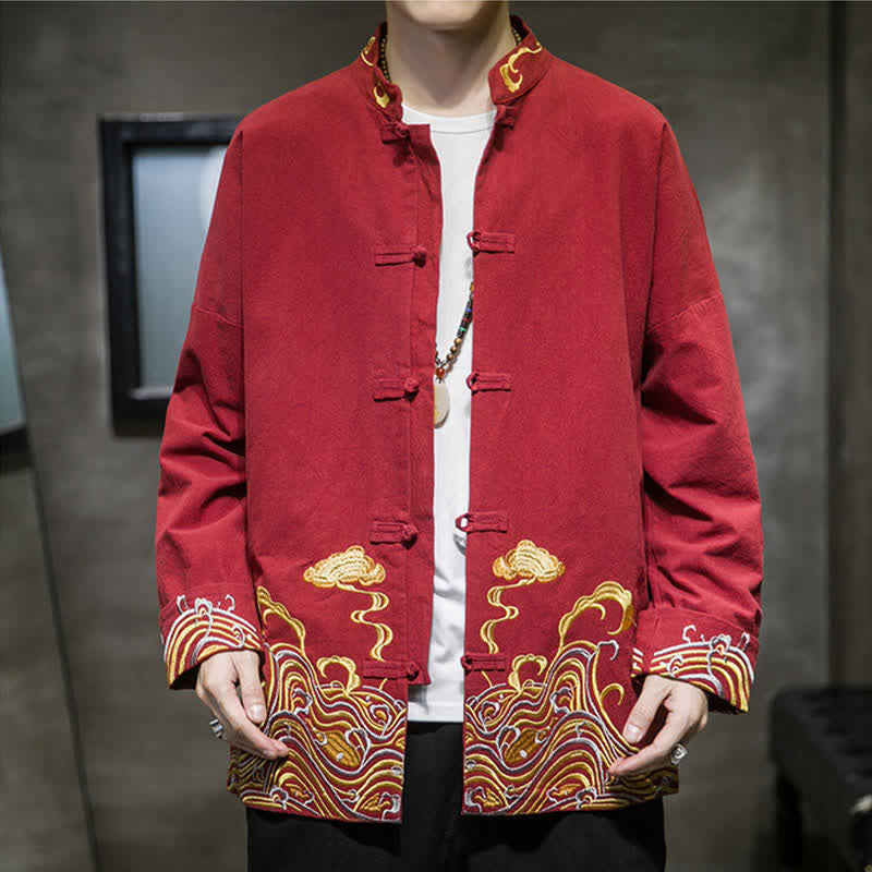 Buddha Stones Chaqueta de algodón para hombre, estilo Tang vintage, con botones de rana bordados y estampado de nubes, ideal para otoño e invierno. - image 1
