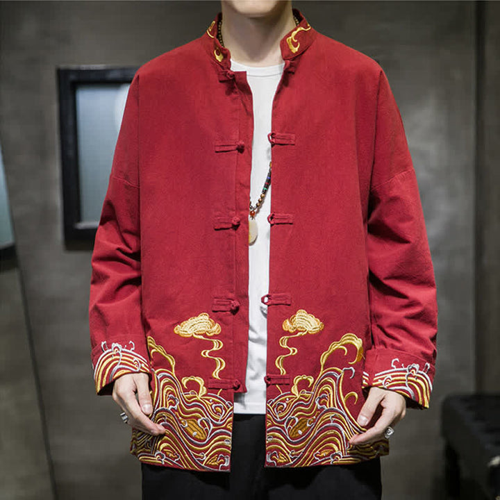 Buddha Stones Chaqueta de algodón para hombre, estilo Tang vintage, con botones de rana bordados y estampado de nubes, ideal para otoño e invierno. - image 1