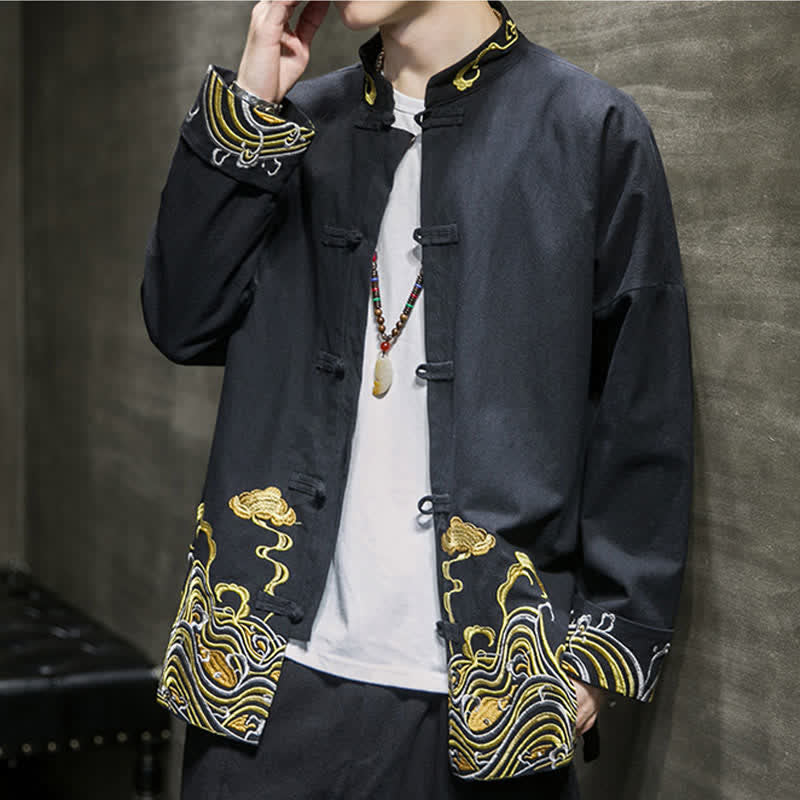 Buddha Stones Chaqueta de algodón para hombre, estilo Tang vintage, con botones de rana bordados y estampado de nubes, ideal para otoño e invierno. - image 16