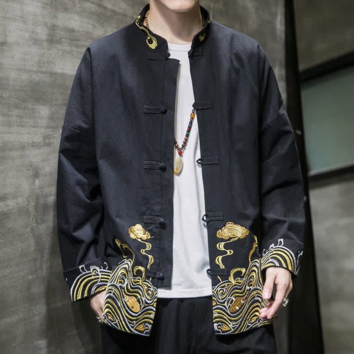 Buddha Stones Chaqueta de algodón para hombre, estilo Tang vintage, con botones de rana bordados y estampado de nubes, ideal para otoño e invierno. - image 10