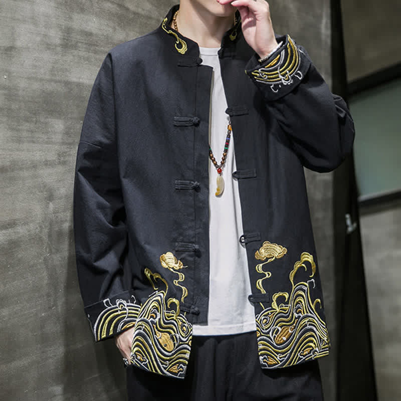 Buddha Stones Chaqueta de algodón para hombre, estilo Tang vintage, con botones de rana bordados y estampado de nubes, ideal para otoño e invierno. - image 14