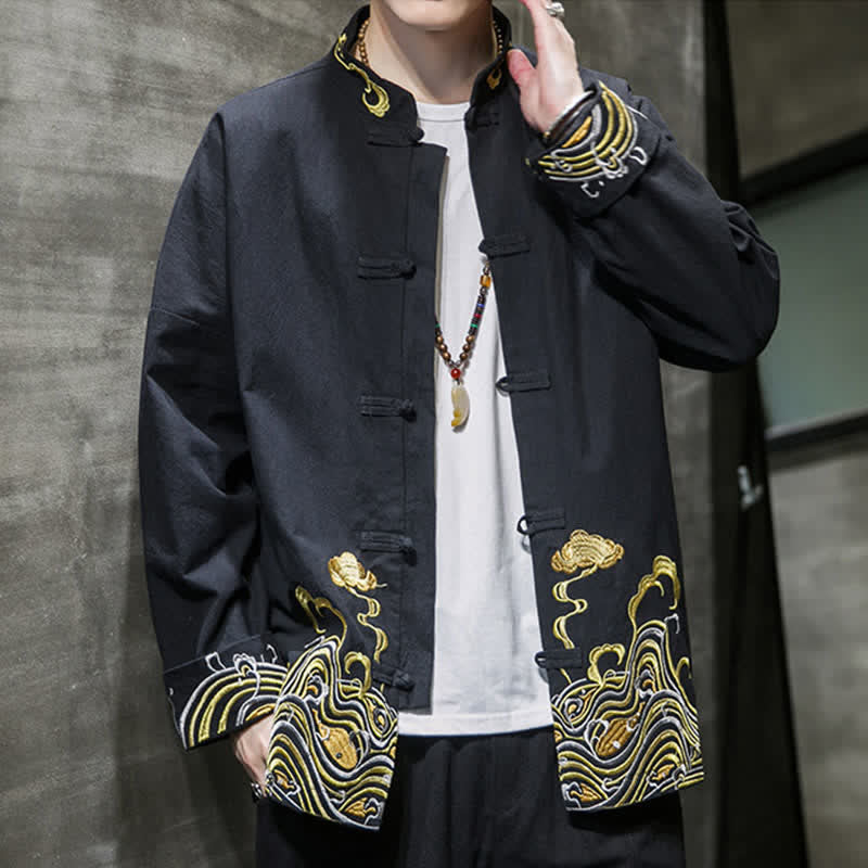Buddha Stones Chaqueta de algodón para hombre, estilo Tang vintage, con botones de rana bordados y estampado de nubes, ideal para otoño e invierno. - image 12