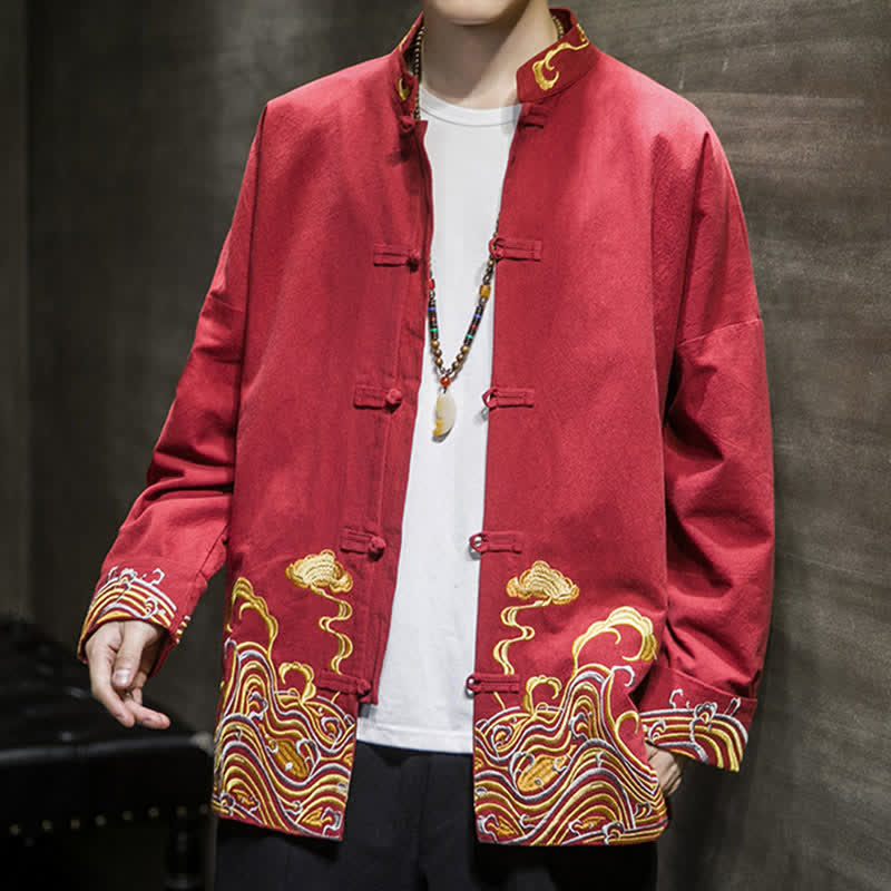 Buddha Stones Chaqueta de algodón para hombre, estilo Tang vintage, con botones de rana bordados y estampado de nubes, ideal para otoño e invierno. - image 7
