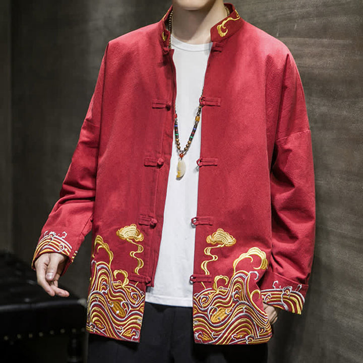 Buddha Stones Chaqueta de algodón para hombre, estilo Tang vintage, con botones de rana bordados y estampado de nubes, ideal para otoño e invierno. - image 7