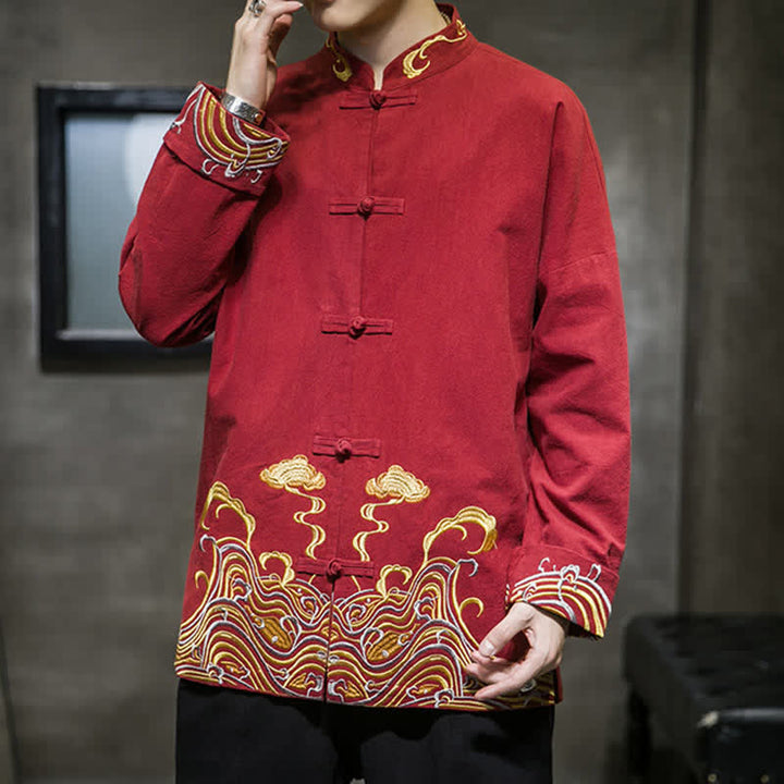 Buddha Stones Chaqueta de algodón para hombre, estilo Tang vintage, con botones de rana bordados y estampado de nubes, ideal para otoño e invierno. - image 5
