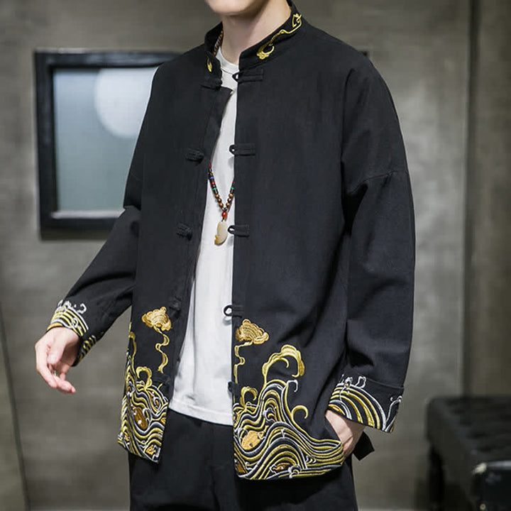 Buddha Stones Chaqueta de algodón para hombre, estilo Tang vintage, con botones de rana bordados y estampado de nubes, ideal para otoño e invierno. - image 17