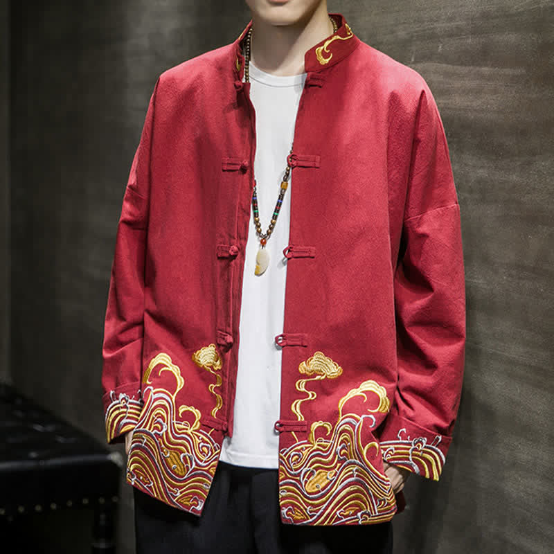 Buddha Stones Chaqueta de algodón para hombre, estilo Tang vintage, con botones de rana bordados y estampado de nubes, ideal para otoño e invierno. - image 8