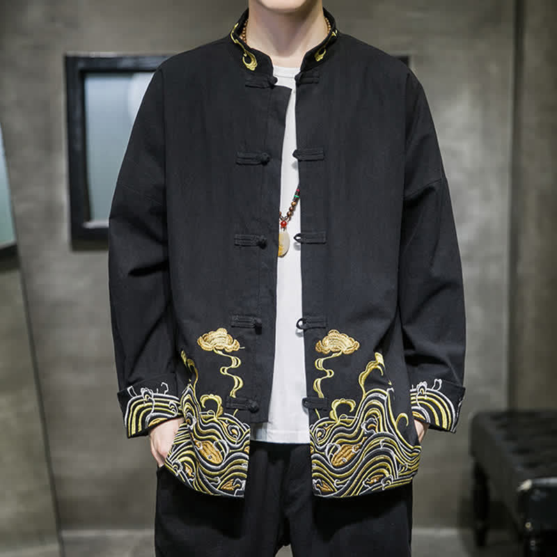Buddha Stones Chaqueta de algodón para hombre, estilo Tang vintage, con botones de rana bordados y estampado de nubes, ideal para otoño e invierno. - image 11
