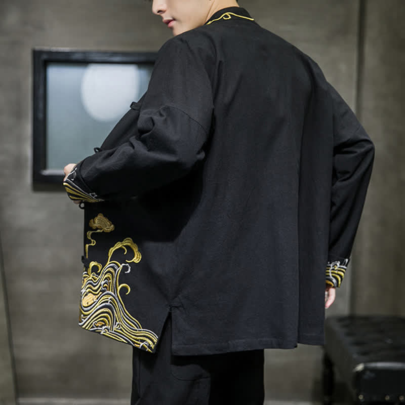 Buddha Stones Chaqueta de algodón para hombre, estilo Tang vintage, con botones de rana bordados y estampado de nubes, ideal para otoño e invierno. - image 13