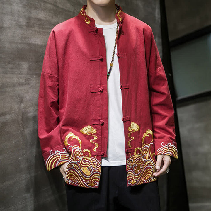 Buddha Stones Chaqueta de algodón para hombre, estilo Tang vintage, con botones de rana bordados y estampado de nubes, ideal para otoño e invierno. - image 6