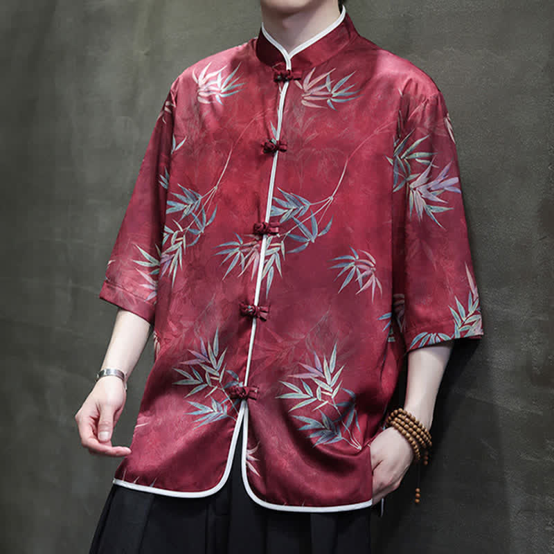 Buddha Stones Camisas de manga hasta el codo para hombre, estilo vintage Tang, con cuello mandarín y estampado de bambú, ideales para primavera y verano. - image 6