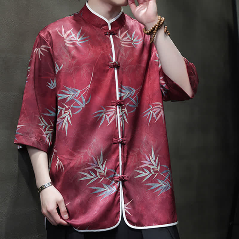 Buddha Stones Camisas de manga hasta el codo para hombre, estilo vintage Tang, con cuello mandarín y estampado de bambú, ideales para primavera y verano. - image 5