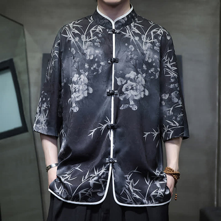 Buddha Stones Camisas de manga hasta el codo para hombre, estilo vintage Tang, con cuello mandarín y estampado de bambú, ideales para primavera y verano. - image 15