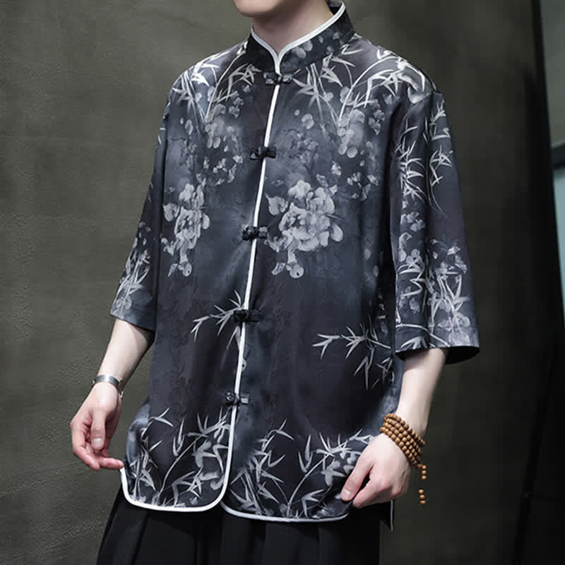 Buddha Stones Camisas de manga hasta el codo para hombre, estilo vintage Tang, con cuello mandarín y estampado de bambú, ideales para primavera y verano. - image 13