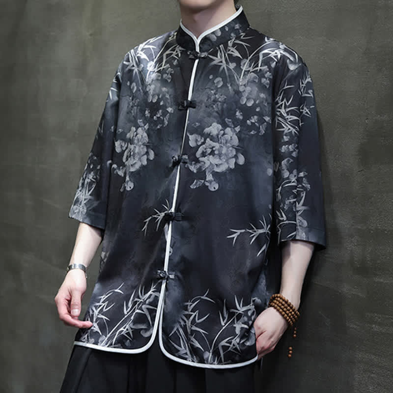 Buddha Stones Camisas de manga hasta el codo para hombre, estilo vintage Tang, con cuello mandarín y estampado de bambú, ideales para primavera y verano. - image 17