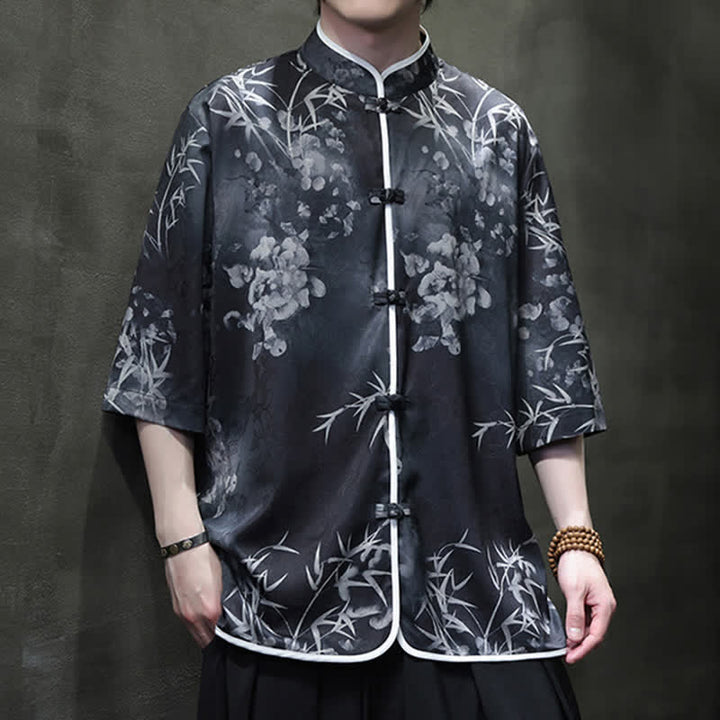 Buddha Stones Camisas de manga hasta el codo para hombre, estilo vintage Tang, con cuello mandarín y estampado de bambú, ideales para primavera y verano. - image 16