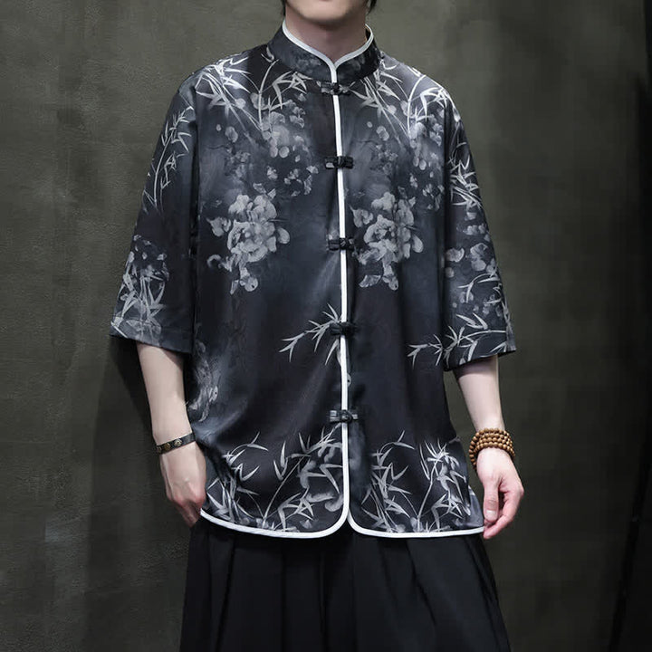 Buddha Stones Camisas de manga hasta el codo para hombre, estilo vintage Tang, con cuello mandarín y estampado de bambú, ideales para primavera y verano. - Negro - US/UK/AU46, EU56 (5XL) - image 10