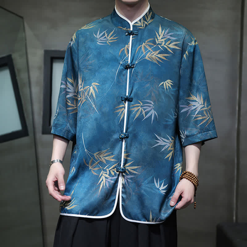 Buddha Stones Camisas de manga hasta el codo para hombre, estilo vintage Tang, con cuello mandarín y estampado de bambú, ideales para primavera y verano. - image 25