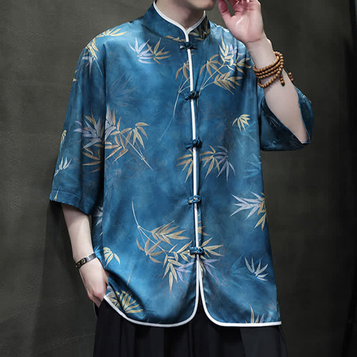 Buddha Stones Camisas de manga hasta el codo para hombre, estilo vintage Tang, con cuello mandarín y estampado de bambú, ideales para primavera y verano. - image 23