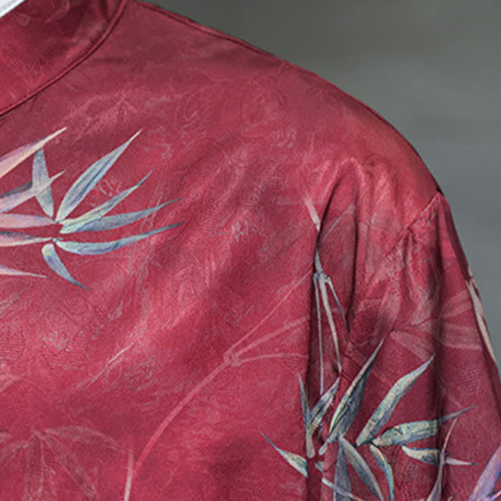 Buddha Stones Camisas de manga hasta el codo para hombre, estilo vintage Tang, con cuello mandarín y estampado de bambú, ideales para primavera y verano. - image 8