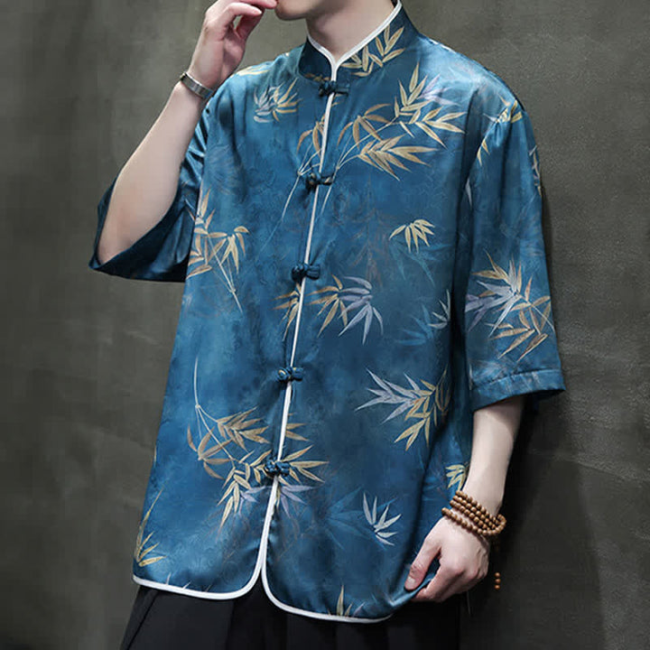 Buddha Stones Camisas de manga hasta el codo para hombre, estilo vintage Tang, con cuello mandarín y estampado de bambú, ideales para primavera y verano. - image 21