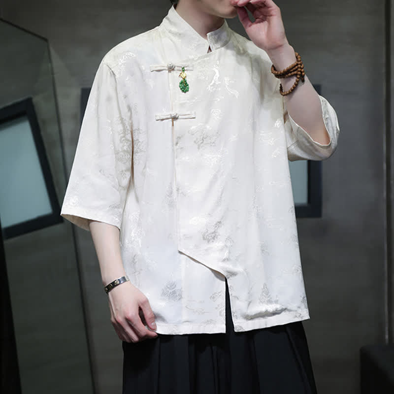 Buddha Stones Camisas de manga hasta el codo para hombre, estilo Spring Tang, elegantes, con cuello mandarín y botones de rana. - image 5
