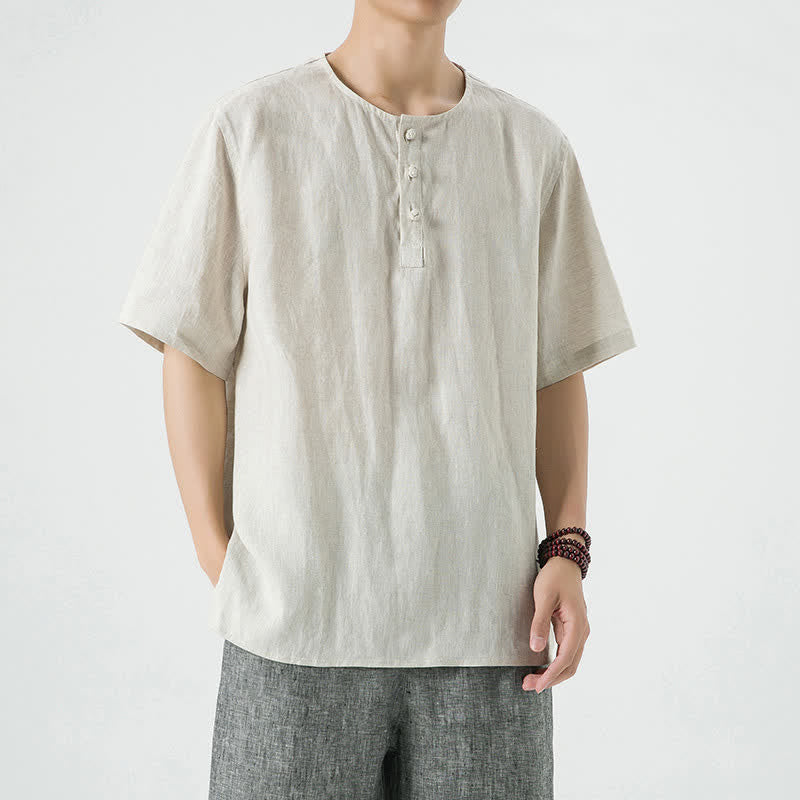 Buddha Stones Camisa de manga corta de lino para hombre, estilo casual de verano, minimalista, con abertura lateral y cuello redondo. - Lino - US/UK/AU46, EU56 (5XL) - image 0