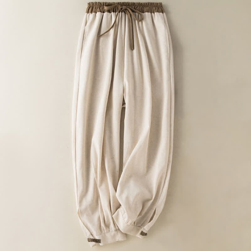 Pantalones harén de algodón liso con cordón y bolsillos para mujer con Buddha Stones - Beige - US16，UK/AU20，EU48 (3XL) - image 0