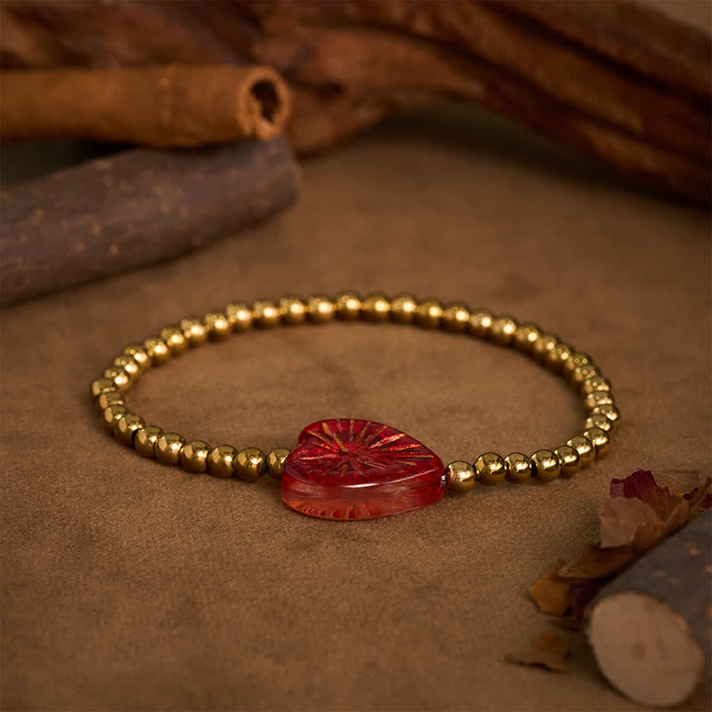 Buddha Stones Pulsera de fuerza con cuentas en forma de corazón Liuli de acero de titanio - image 1