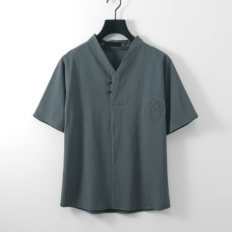 Buddha Stones Conjunto de 2 piezas: Camisa de manga corta de algodón y lino estilo Tang casual con bordado, ideal para hombres, con bolsillo. - image 1