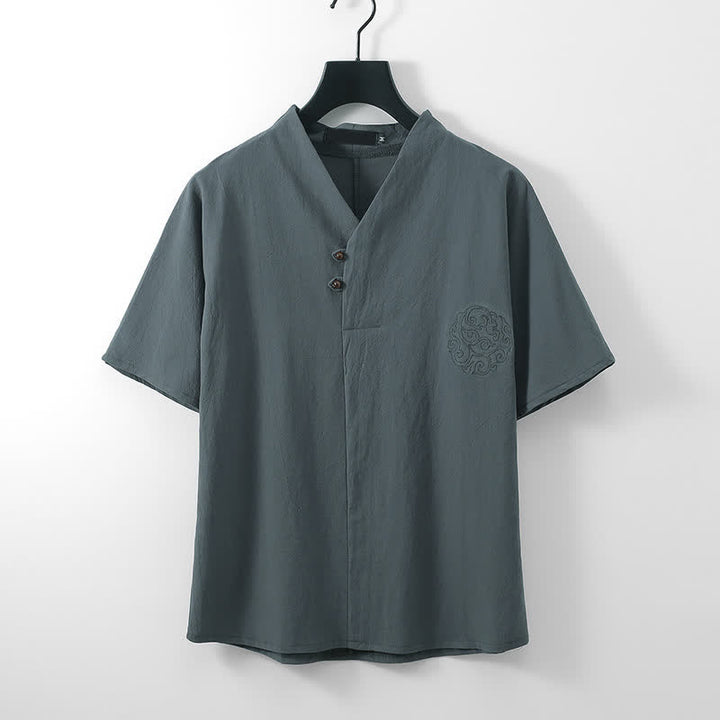 Buddha Stones Conjunto de 2 piezas: Camisa de manga corta de algodón y lino estilo Tang casual con bordado, ideal para hombres, con bolsillo. - image 1