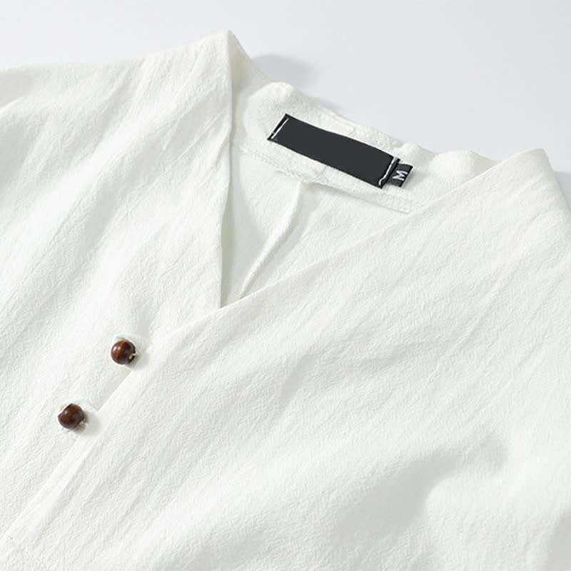Buddha Stones Conjunto de 2 piezas: Camisa de manga corta de algodón y lino estilo Tang casual con bordado, ideal para hombres, con bolsillo. - image 17