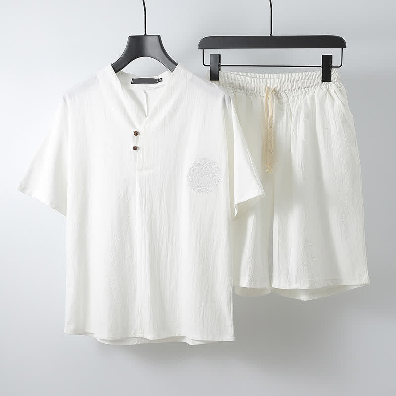 Buddha Stones Conjunto de 2 piezas: Camisa de manga corta de algodón y lino estilo Tang casual con bordado, ideal para hombres, con bolsillo. - Blanco - US/UK/AU54, EU64 (9XL) - image 12