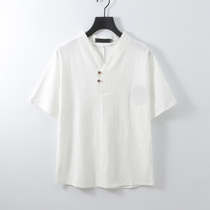 Buddha Stones Conjunto de 2 piezas: Camisa de manga corta de algodón y lino estilo Tang casual con bordado, ideal para hombres, con bolsillo. - image 13