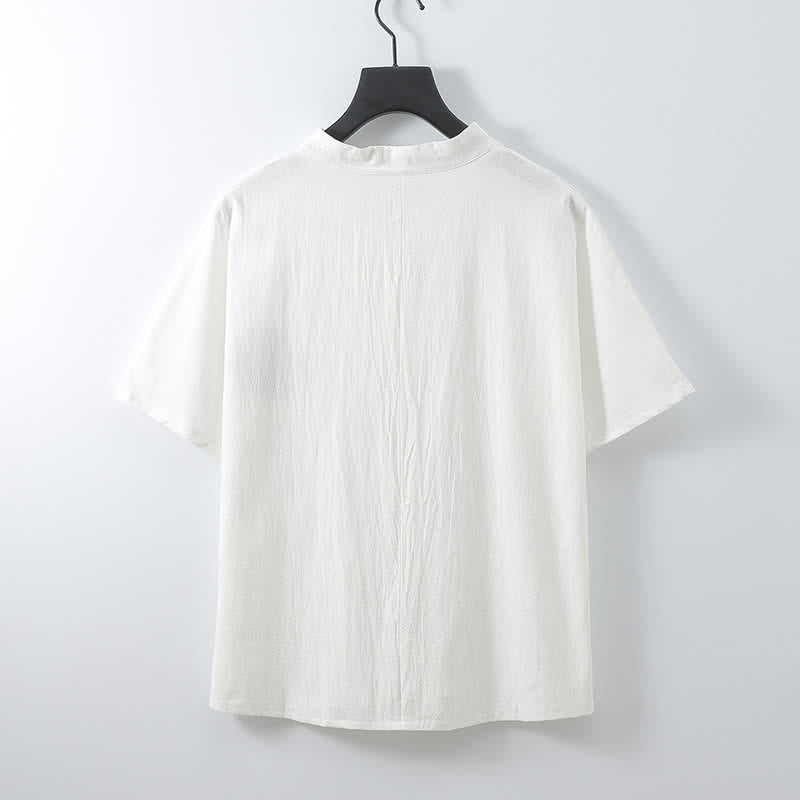 Buddha Stones Conjunto de 2 piezas: Camisa de manga corta de algodón y lino estilo Tang casual con bordado, ideal para hombres, con bolsillo. - image 14