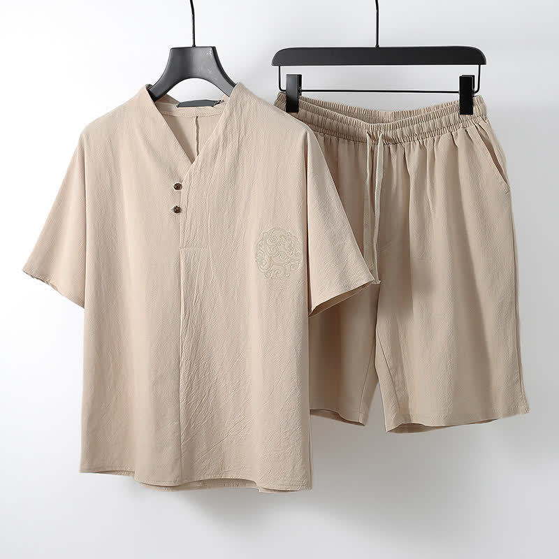 Buddha Stones Conjunto de 2 piezas: Camisa de manga corta de algodón y lino estilo Tang casual con bordado, ideal para hombres, con bolsillo. - Beige - US/UK/AU54, EU64 (9XL) - image 9