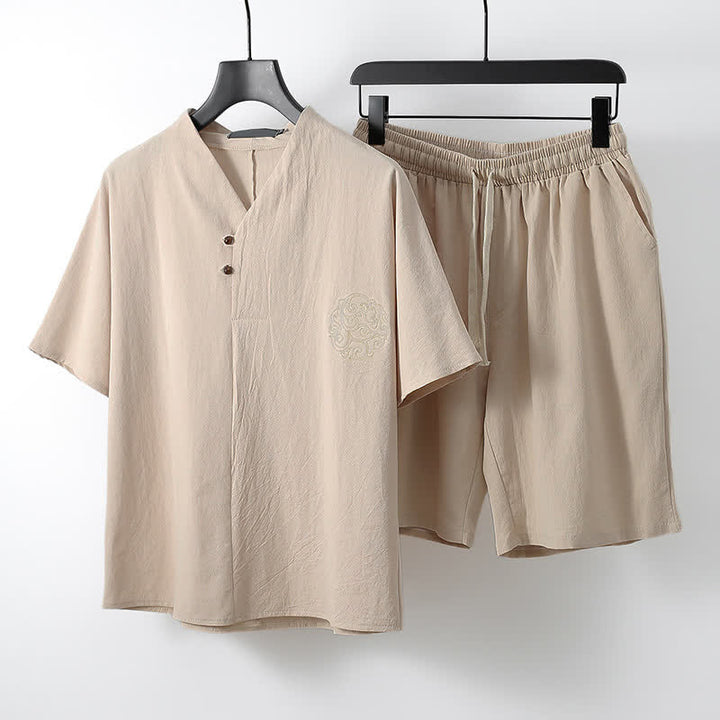 Buddha Stones Conjunto de 2 piezas: Camisa de manga corta de algodón y lino estilo Tang casual con bordado, ideal para hombres, con bolsillo. - Beige - US/UK/AU54, EU64 (9XL) - image 9
