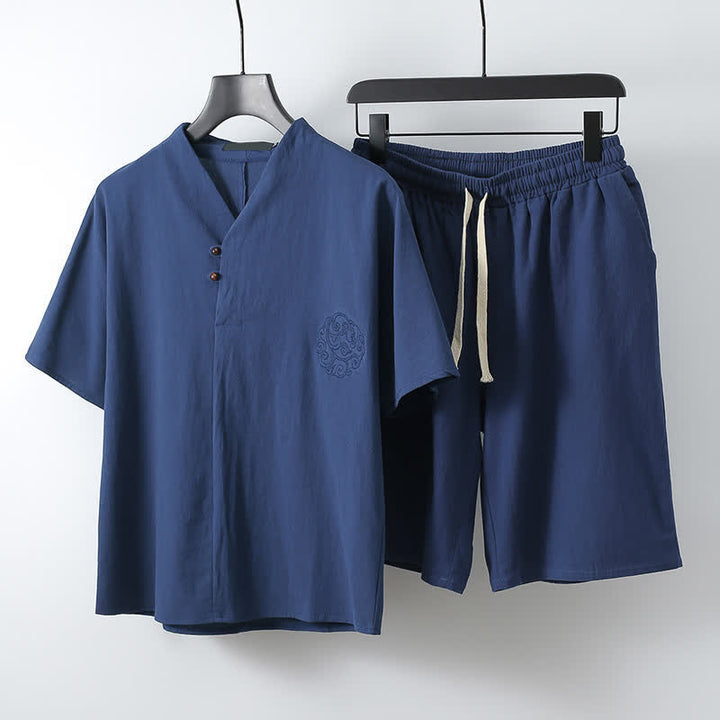 Buddha Stones Conjunto de 2 piezas: Camisa de manga corta de algodón y lino estilo Tang casual con bordado, ideal para hombres, con bolsillo. - Marina de guerra - US/UK/AU54, EU64 (9XL) - image 6