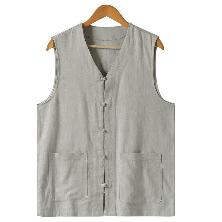 Buddha Stones Camiseta sin mangas de estilo veraniego Tang, informal, con botones de rana y cuello en V, para hombre, con bolsillos. - Gris claro - US/UK/AU46, EU56 (5XL) - image 2
