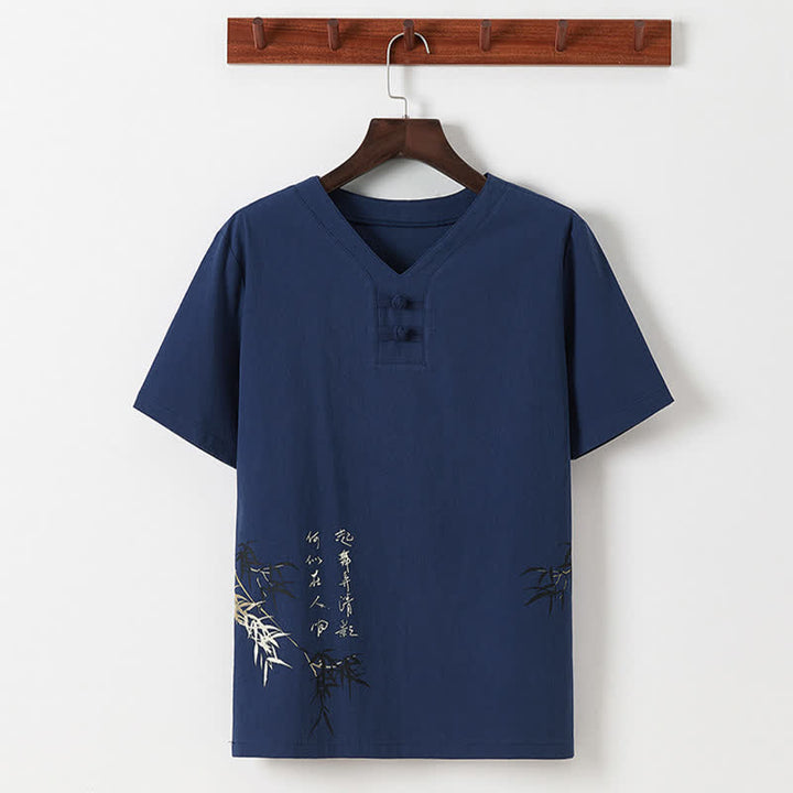 Buddha Stones Conjunto de 2 piezas: Camisa y pantalón de manga corta de algodón y lino con estampado de bambú y botones de estilo Tang, ideales para el verano. También disponible como prenda de meditación para hombre con bolsillos. - image 2