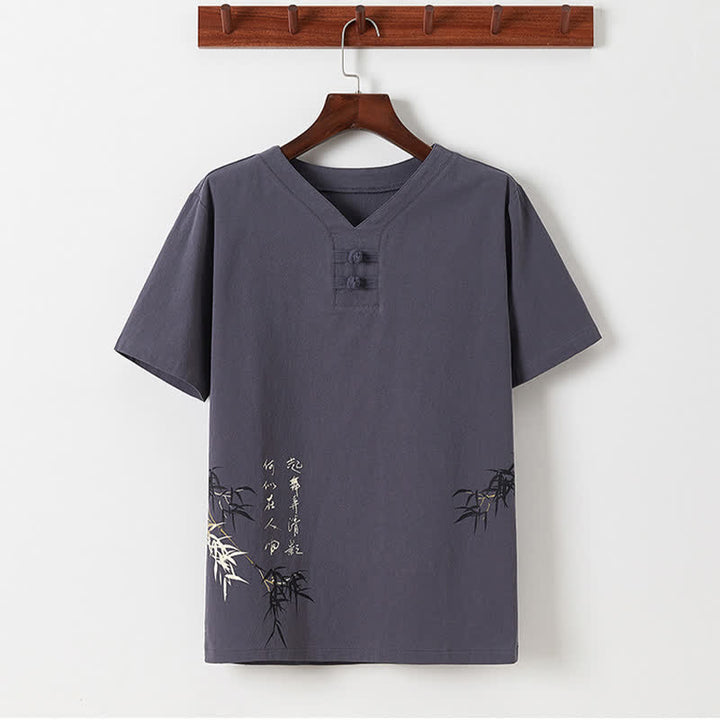 Buddha Stones Conjunto de 2 piezas: Camisa y pantalón de manga corta de algodón y lino con estampado de bambú y botones de estilo Tang, ideales para el verano. También disponible como prenda de meditación para hombre con bolsillos. - image 18